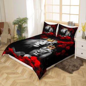 jejeloiu Wild Lion Couple Bedding Set Queen Size Couple Red Rose Floral Comforter Cover Set for Girls Women Lover Gold King and Queen Crown Duvet Cover Valentine's Day Bedspread Cover Room Decor