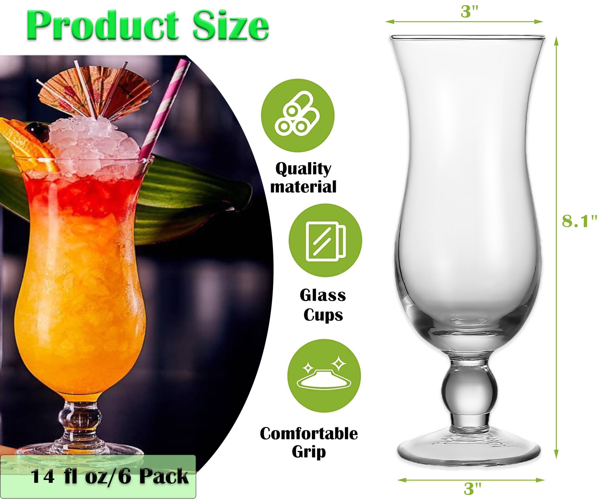 Cheardia 6 Pack Hurricane Glass, 14 oz Pina Colada Glasses Clear Tulip Drinking Cups for Juices, Cocktails, Full-Bodied Beer, Tropical Drinks, Water, Beverages