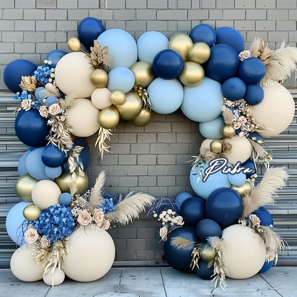 Navy Blue Balloon Garland Double Stuffed Dusty Blue White Sand Balloons Slate Blue Beige Cream Balloon Arch Kit Metallic Gold Balloons For Neutral Baby Shower Graduation Birthday Party Decoration