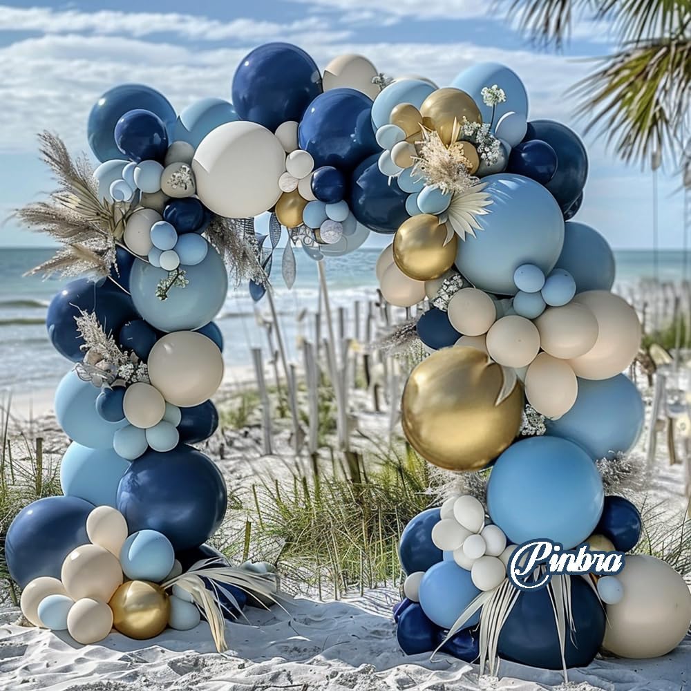 Navy Blue Balloon Garland Double Stuffed Dusty Blue White Sand Balloons Slate Blue Beige Cream Balloon Arch Kit Metallic Gold Balloons For Neutral Baby Shower Graduation Birthday Party Decoration