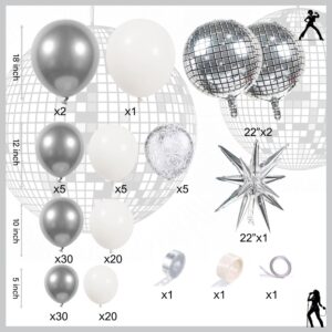 Disco Ball Party Balloon Arch Kit Chrome Metallic Silver, Matte White & Confetti Balloons | Ideal for 2024 Graduation，Adult Birthday, Dancing Queen Decor, New Year’s, Holiday Music Themed Events