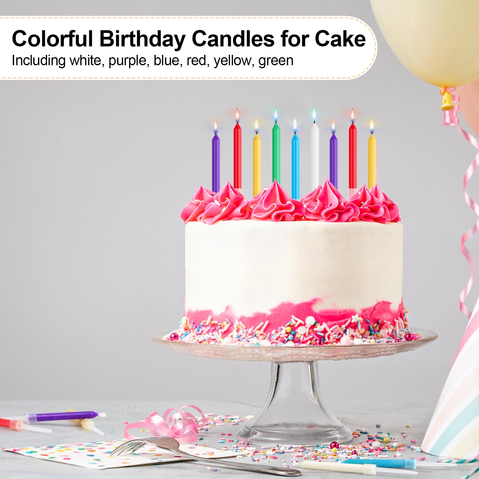 Phinus 18pcs Colorful Flame Birthday Candles, 2.2in Colorful Birthday Candles for Cake, Birthday Candles Colorful Candles Holders Included