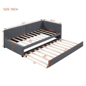 Acosure Twin Size Upholstered Linen Daybed with 2 Trundle,Semi-Closed Design,Solid Wood Bed Frame,W/Backrest and Slat Support,No Box Spring Needed,for Apartment Bedroom,Gray