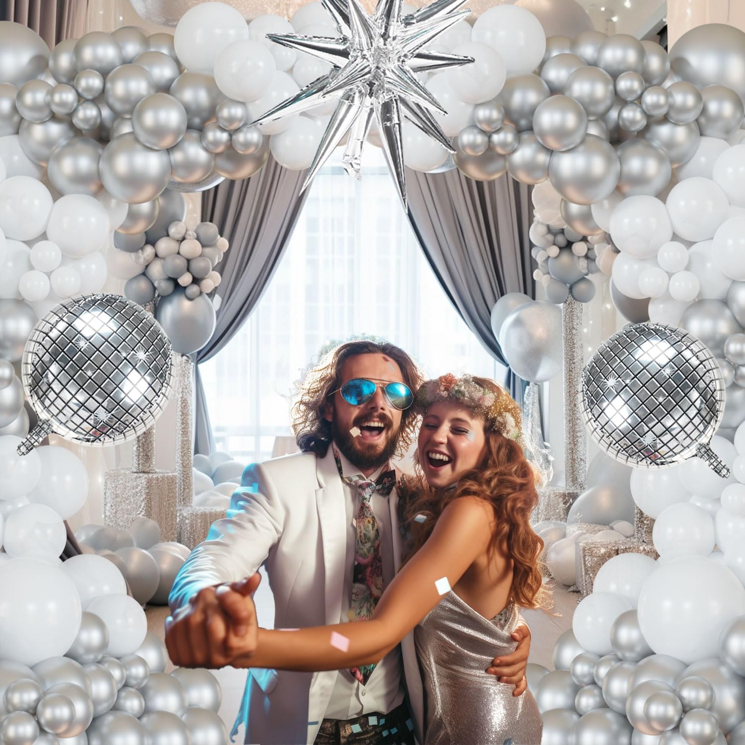 Disco Ball Party Balloon Arch Kit Chrome Metallic Silver, Matte White & Confetti Balloons | Ideal for 2024 Graduation，Adult Birthday, Dancing Queen Decor, New Year’s, Holiday Music Themed Events