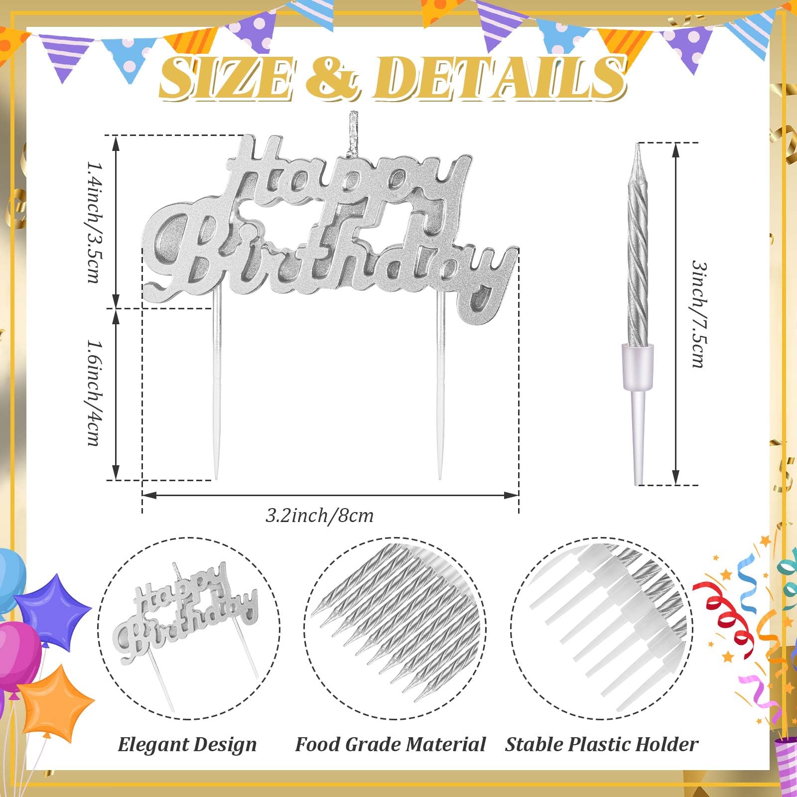 MTLEE Happy Birthday Candles for Cake Birthday Candle Topper with 10 Pcs 2.95 Inch Candles Short Thin Spiral Candles for Cake Topper Birthday Decoration Party Supplies (Silver)