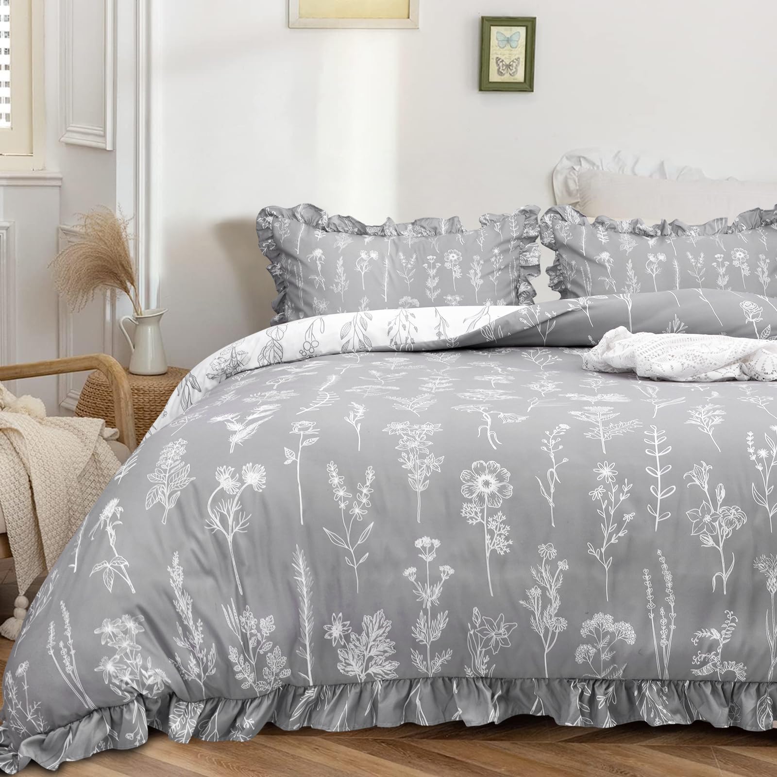 ASPMIZ Floral Duvet Cover Set Queen Size - 3 Pieces Grey Ruffle Comforter Covers, Botanical Flower Bedding Cover Set, Soft Leaves Cover Set with Double Sided Pattern (1 Duvet Cover, 2 Pillow Shams)