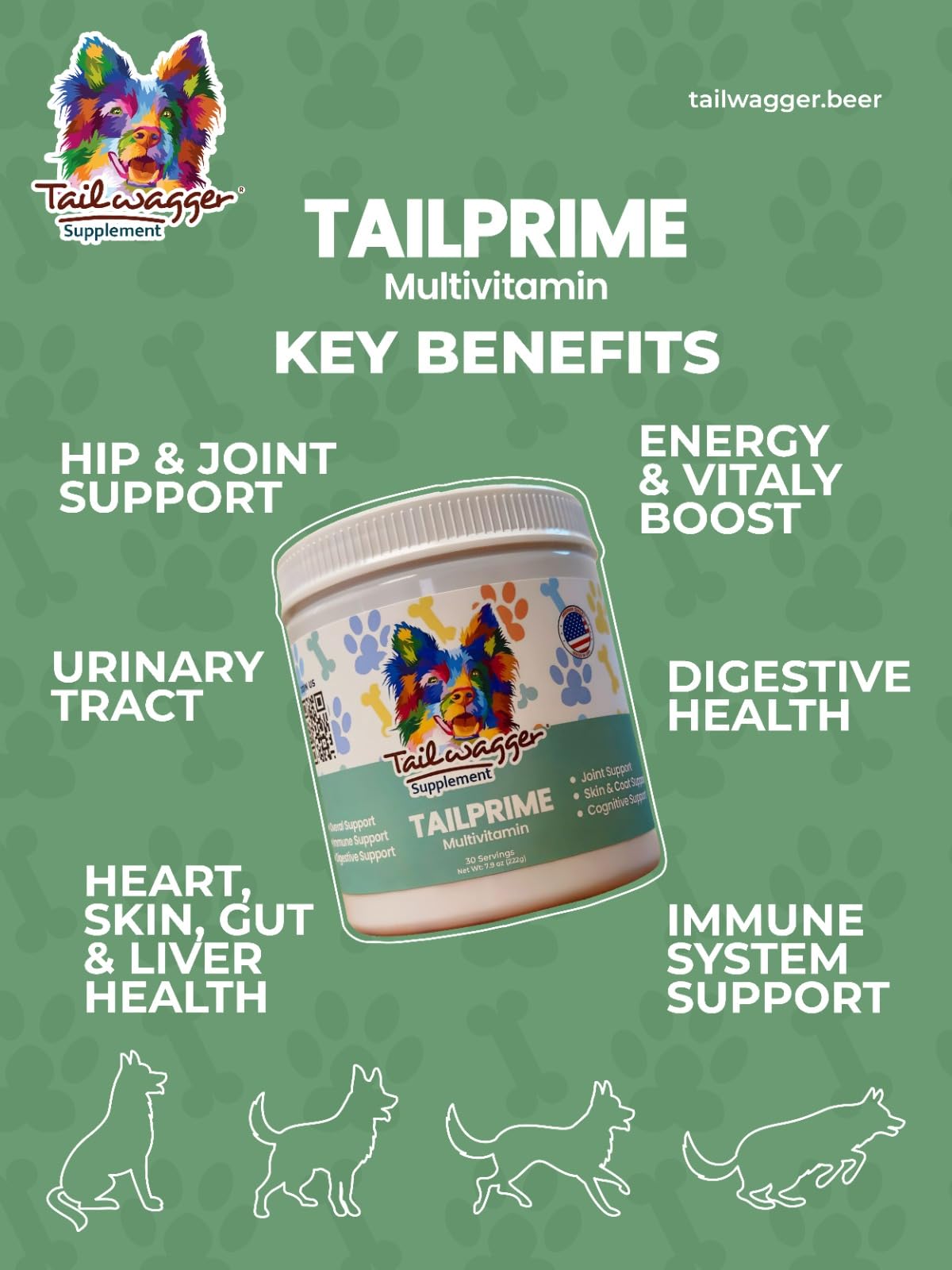 Tailwagger Hip, Joint, Energy & Vitaly Support Supplement for Dogs - Supports Digestive Health, Immune System, Heart and Skin Health - 30 Servings, 7.9 oz.