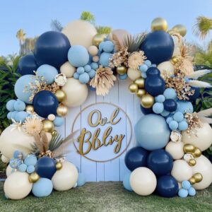 navy blue balloon garland double stuffed dusty blue white sand balloons slate blue beige cream balloon arch kit metallic gold balloons for neutral baby shower graduation birthday party decoration