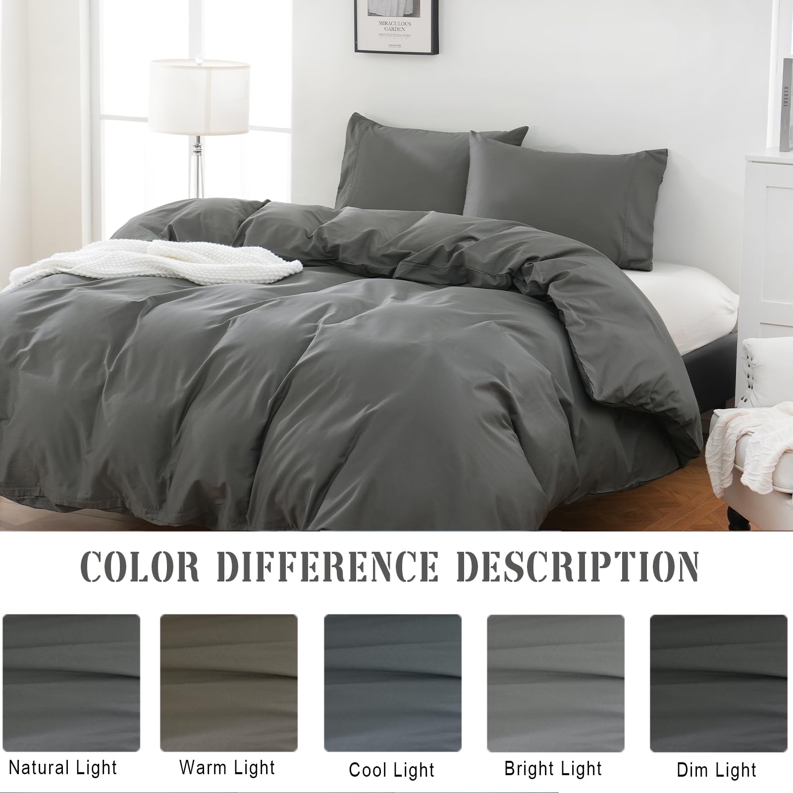 Overket 100% Organic Cotton Duvet Cover Queen Size Luxury 400 Thread Count Duvet Cover Queen Size Sateen Comforter Cover Soft and Breathable Cooling Bedding Set 3 Piece（Dark Grey，Queen）