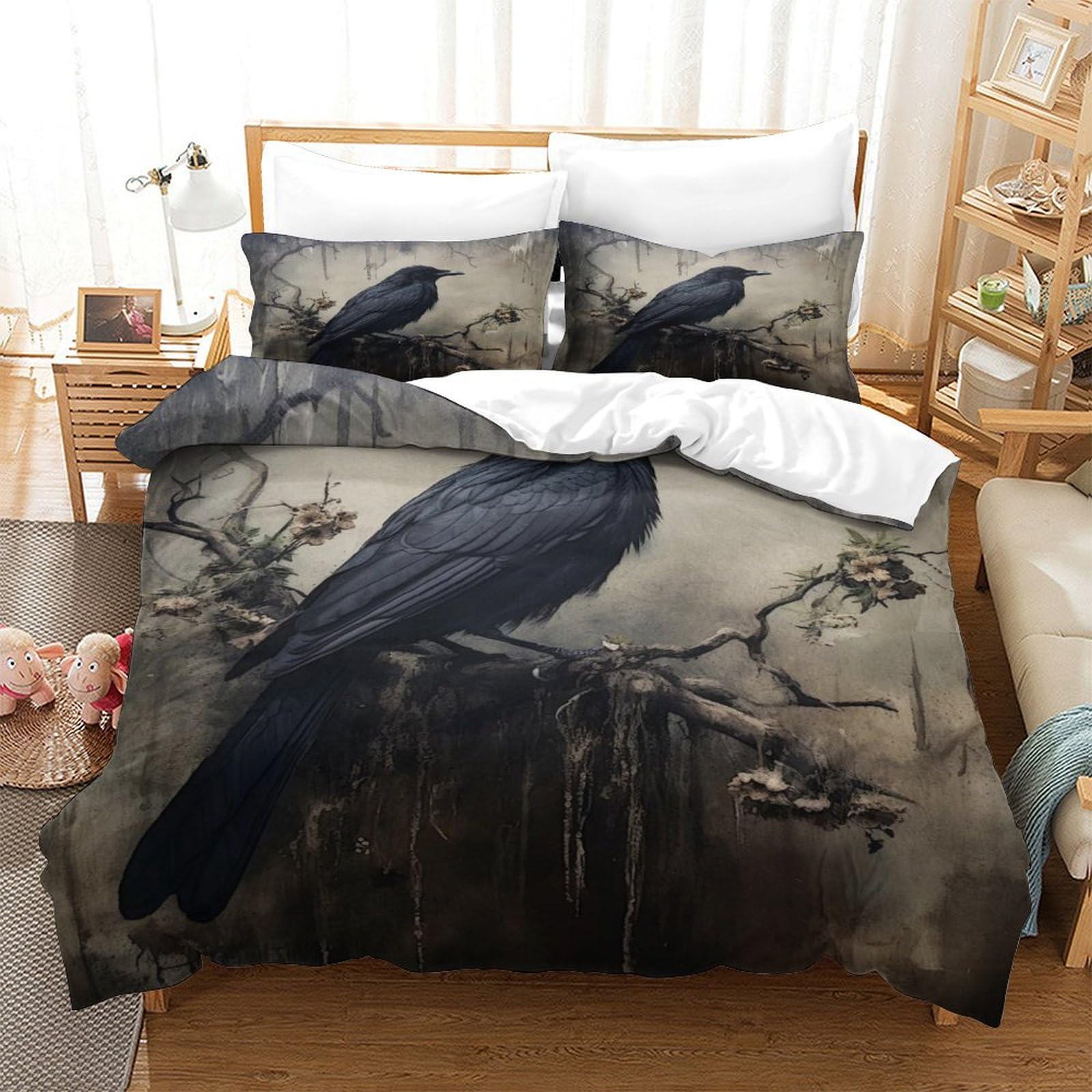 BUKISA 3D Printed Raven Comforter Cover Set for Kids Child Girls Boys Bedroom Textile Suit Skin-Friendly Crows Bedding Set Breathable Twin（173x218cm） Duvet Quilt with Pillowcases