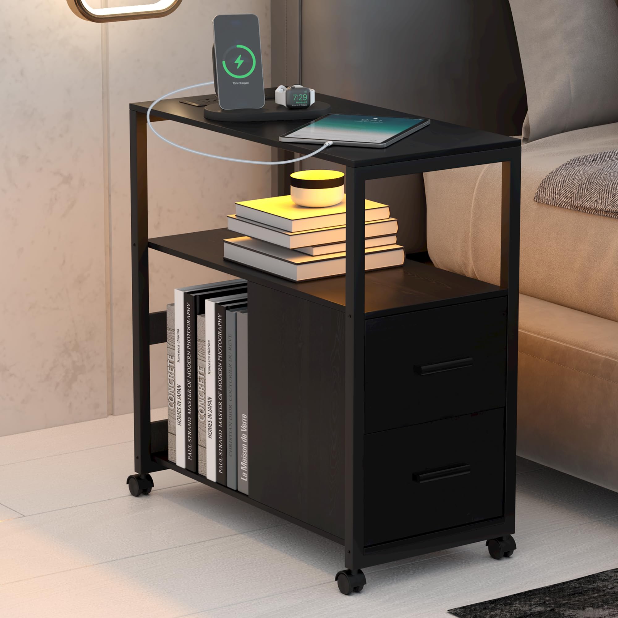 Rietolax Narrow Side Table with Charging Station, End Table with Led Light, Black Nightstand with 2 Drawers, 3-Tier Storage, Wheels and USB Ports & Outlets for Bedroom