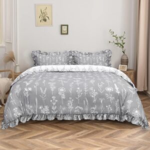 ASPMIZ Floral Duvet Cover Set Queen Size - 3 Pieces Grey Ruffle Comforter Covers, Botanical Flower Bedding Cover Set, Soft Leaves Cover Set with Double Sided Pattern (1 Duvet Cover, 2 Pillow Shams)