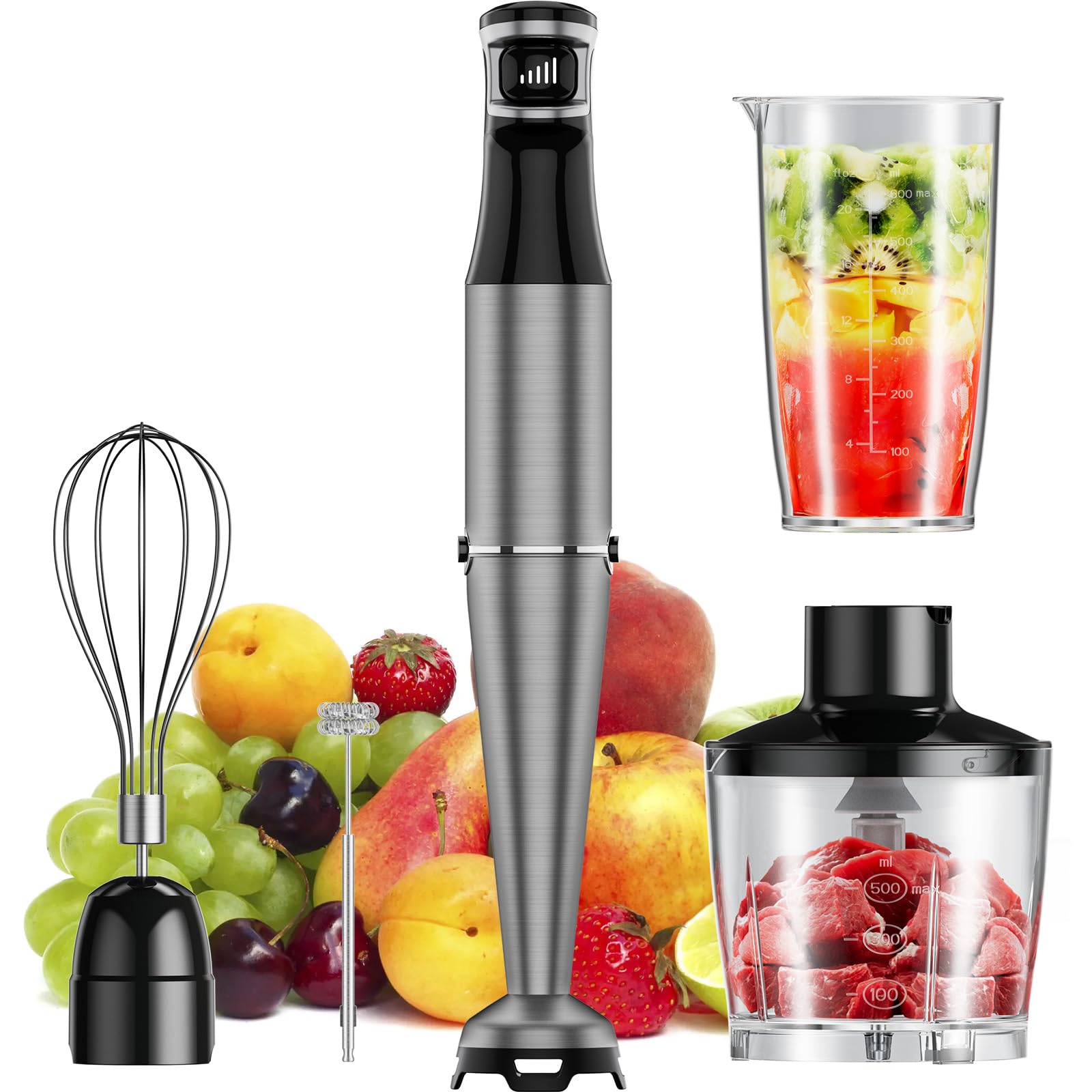 Generic Immersion Blender Handheld 5 in 1 Hand Blender Infinitely Variable Speed 800W Stick Blenders, Emulsion Blender for Kitchen, Soup, Smoothies, with Chopper, Whisk and Frother, small, sliver