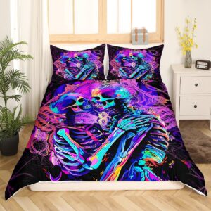 jejeloiu Sugar Skull Bedding Set Queen Size Kids Bohemian Gothic Skull Comforter Cover Set for Boys Girls Teens Valentine's Day Duvet Cover Romantic Bedspread Cover Room Decorations Quilt Cover