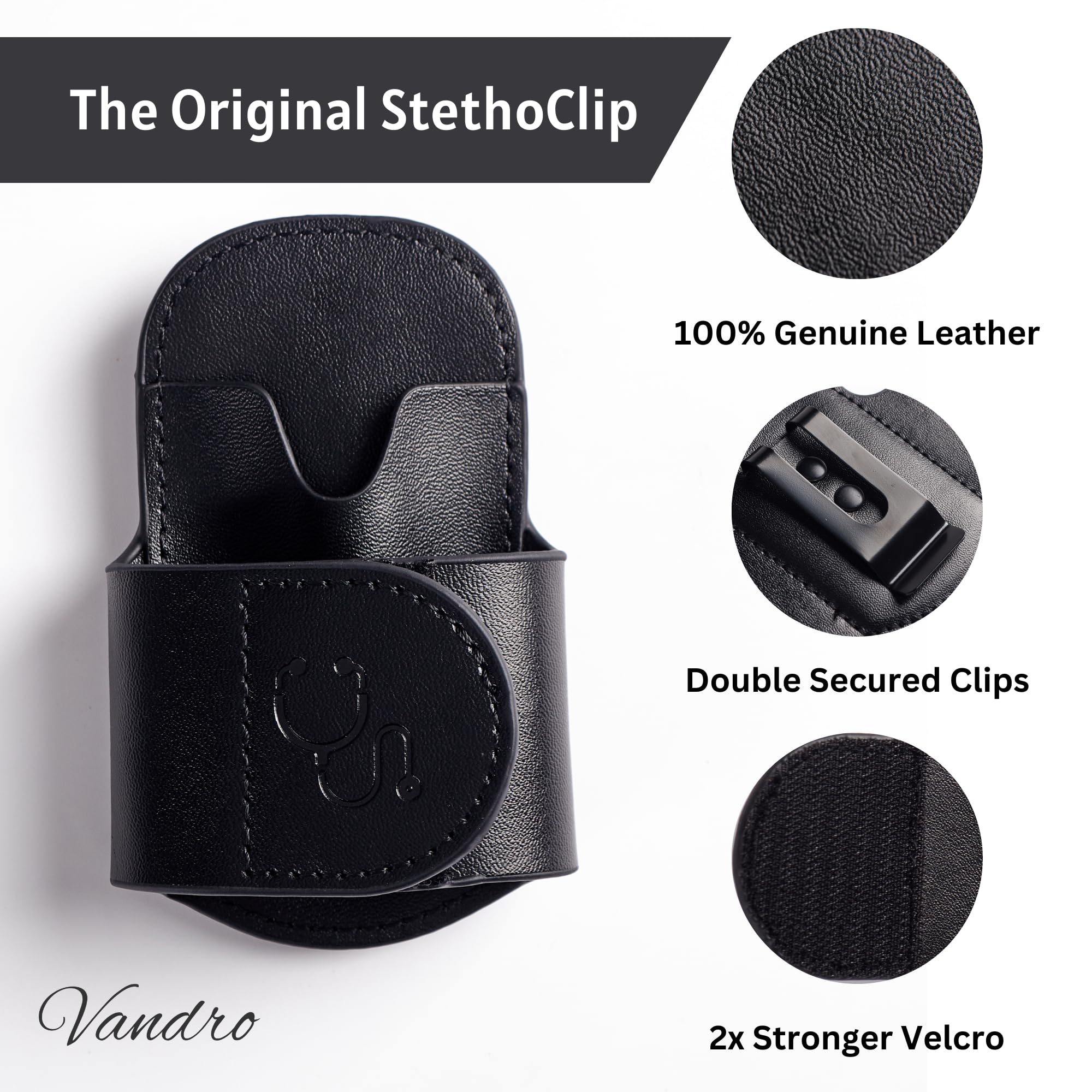 The Original StethoClip - Genuine Leather Stethoscope Holder for 3M Littmann & Most Stethoscopes - Quick Hip Access Holster - Stethoscope Holder Hip Clip for Physicians, EMTs, Nurses & Students