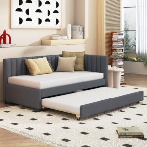 acosure twin size upholstered linen daybed with 2 trundle,semi-closed design,solid wood bed frame,w/backrest and slat support,no box spring needed,for apartment bedroom,gray