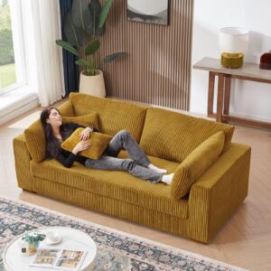 holyfind modern corduroy sofa couch with upholstered deep seat,3 seater sofa with four pillows,oversized love seat for living room, apartment (yellow)