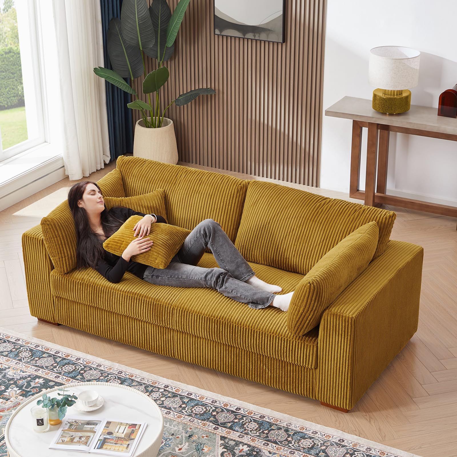 HOLYFIND Modern Corduroy Sofa Couch with Upholstered Deep Seat,3 Seater Sofa with Four Pillows,Oversized Love seat for Living Room, Apartment (Yellow)