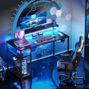 MOTPK Gaming Desk with Led Lights & Power Outlet, 40 Inch Small Gaming Computer Desk with Shelves, Reversible Gamer Desk Table with Adjustable Monitor Stand & Headphone Hook, Carbon Fiber Texture