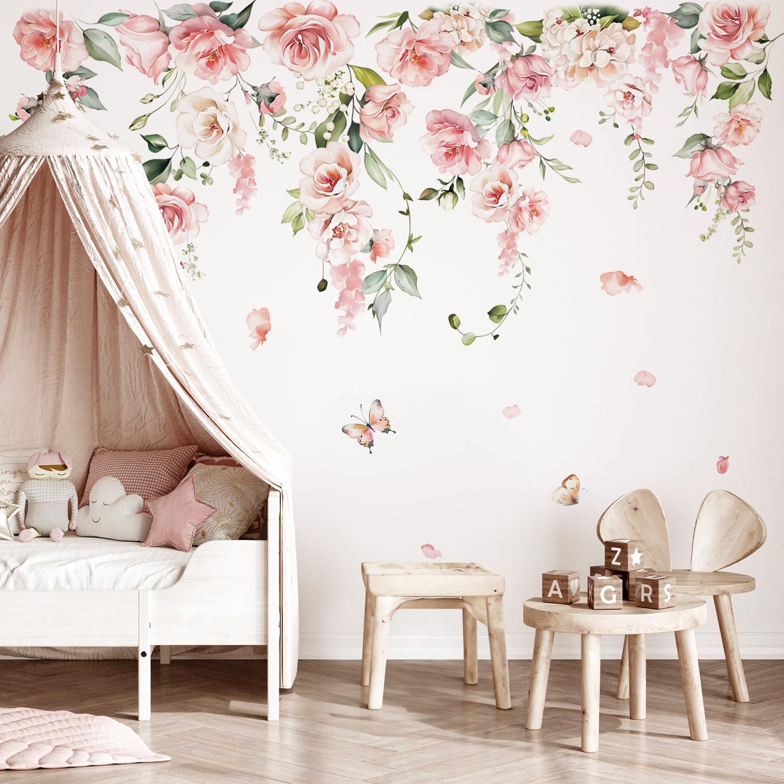 decalmile Spring Large Pink Flower Wall Decals Hanging Vine Floral Wall Stickers Baby Nursery Girls Bedroom Living Room Wall Decor