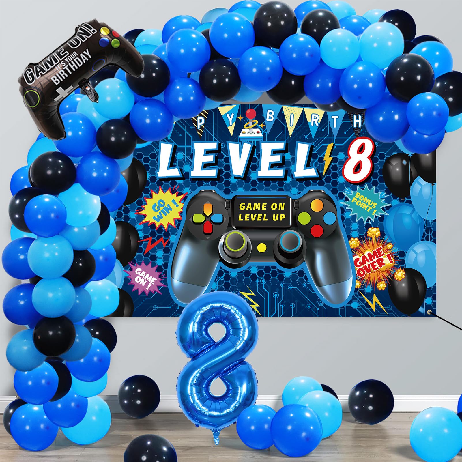 Vlipoeasn 90PCS 8th Birthday Video Game Party Decorations for Boys Set Blue 8th Birthday Supplies -8th Video Game Backdrop, Balloons, Tablecloth, Gamer and 8 Foil Balloons for 8th Birthday Party