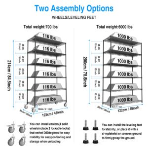 Metal Shelf Wire Shelving Unit, NSF 6 Tier 6000lbs Heavy Duty Adjustable Storage Rack with 5in Wheels and Shelf Liners for Commercial Grade Utility Steel Storage Rack - 20" D x 48" L x 84.5" H Black