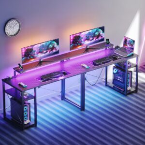 MOTPK Gaming Desk with Led Lights & Power Outlet, 40 Inch Small Gaming Computer Desk with Shelves, Reversible Gamer Desk Table with Adjustable Monitor Stand & Headphone Hook, Carbon Fiber Texture