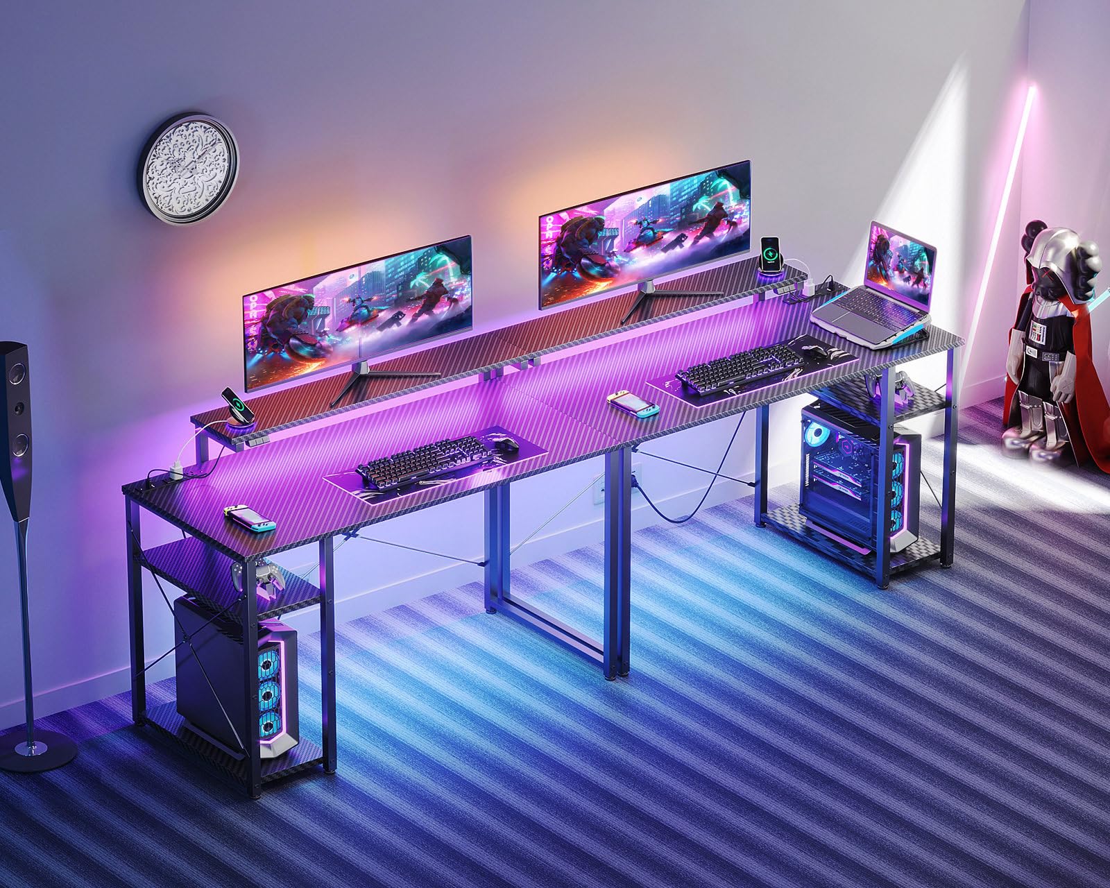 MOTPK Gaming Desk with Led Lights & Power Outlet, 40 Inch Small Gaming Computer Desk with Shelves, Reversible Gamer Desk Table with Adjustable Monitor Stand & Headphone Hook, Carbon Fiber Texture