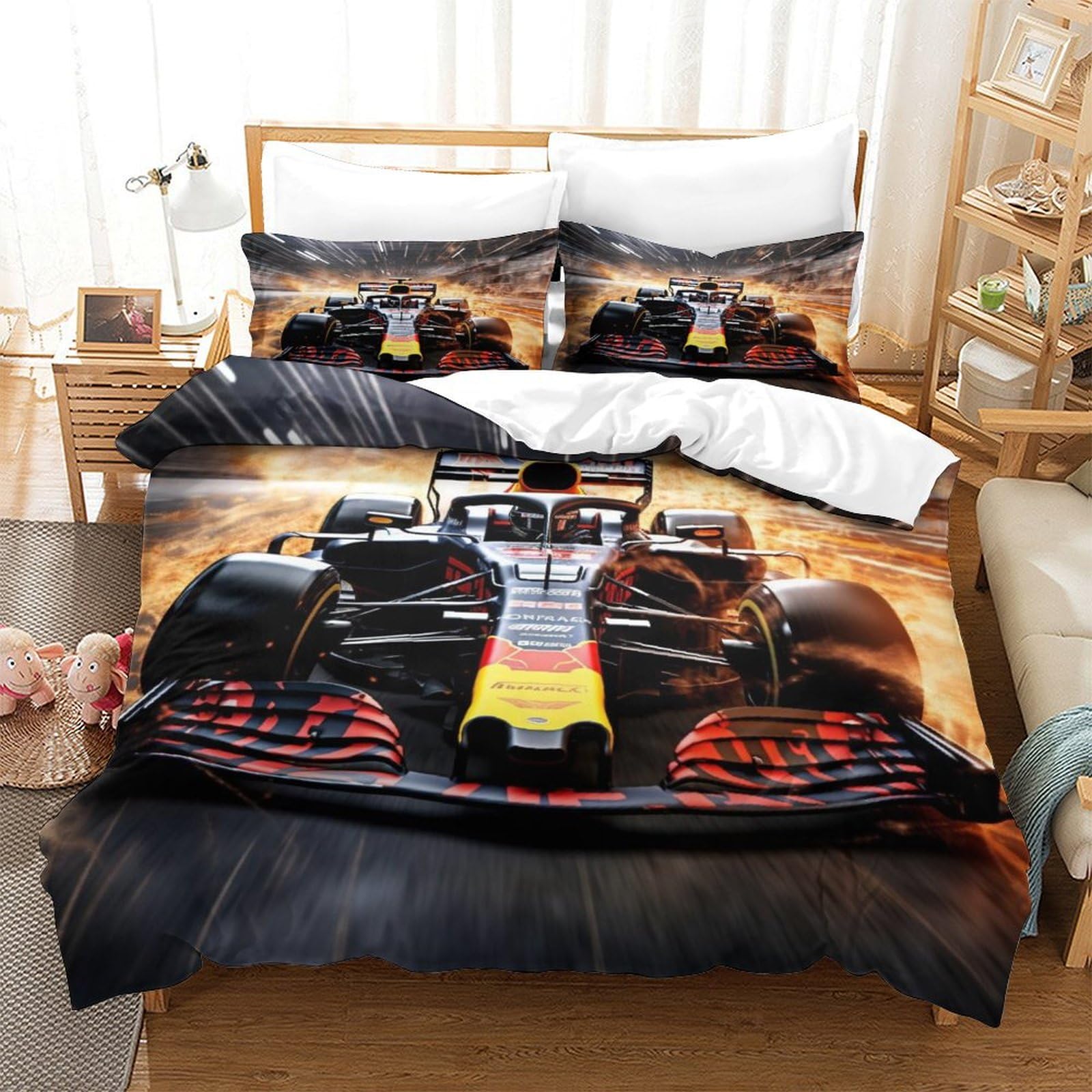 BUKISA Formula-One Racing Bedding Set Finesse Microfiber Sporting Duvet Cover Set Zipper Closure Comforter Cover Ultra Soft Quilt Cover for Girls, Boys and Teens with Pillowcases Twin（173x218cm）