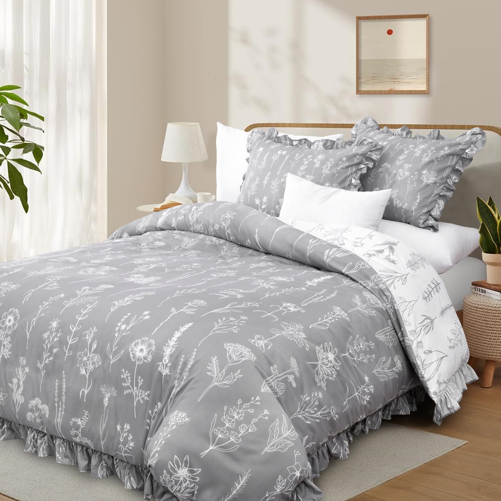 ASPMIZ Floral Duvet Cover Set Queen Size - 3 Pieces Grey Ruffle Comforter Covers, Botanical Flower Bedding Cover Set, Soft Leaves Cover Set with Double Sided Pattern (1 Duvet Cover, 2 Pillow Shams)