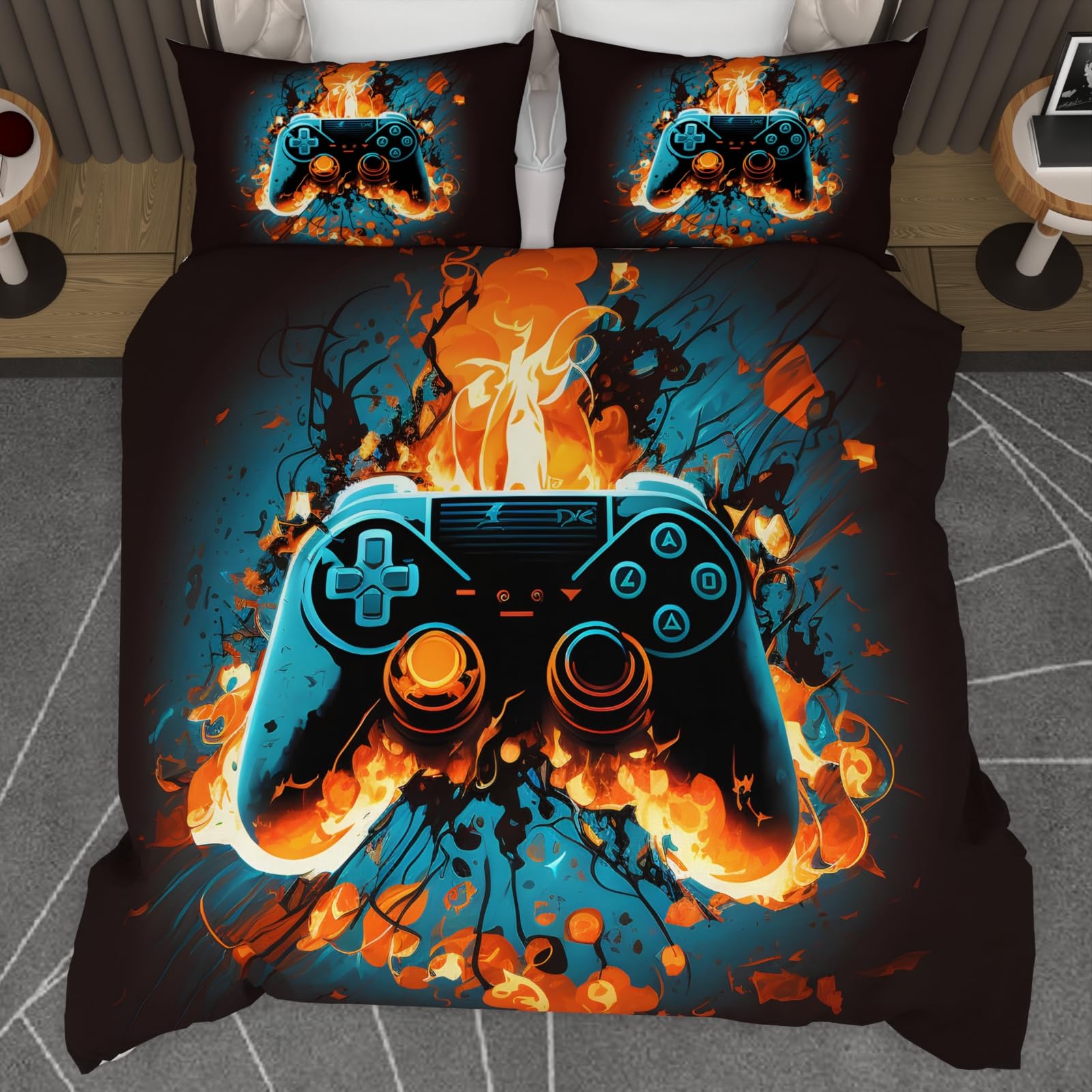 Cyusri Video Game Twin Size Comforter Set for Boys Kids Teens Gamepad Gaming Controller and Fire Pattern Bedding Set- 3 Piece Quilt with 2 Pillowcases (68"x90")