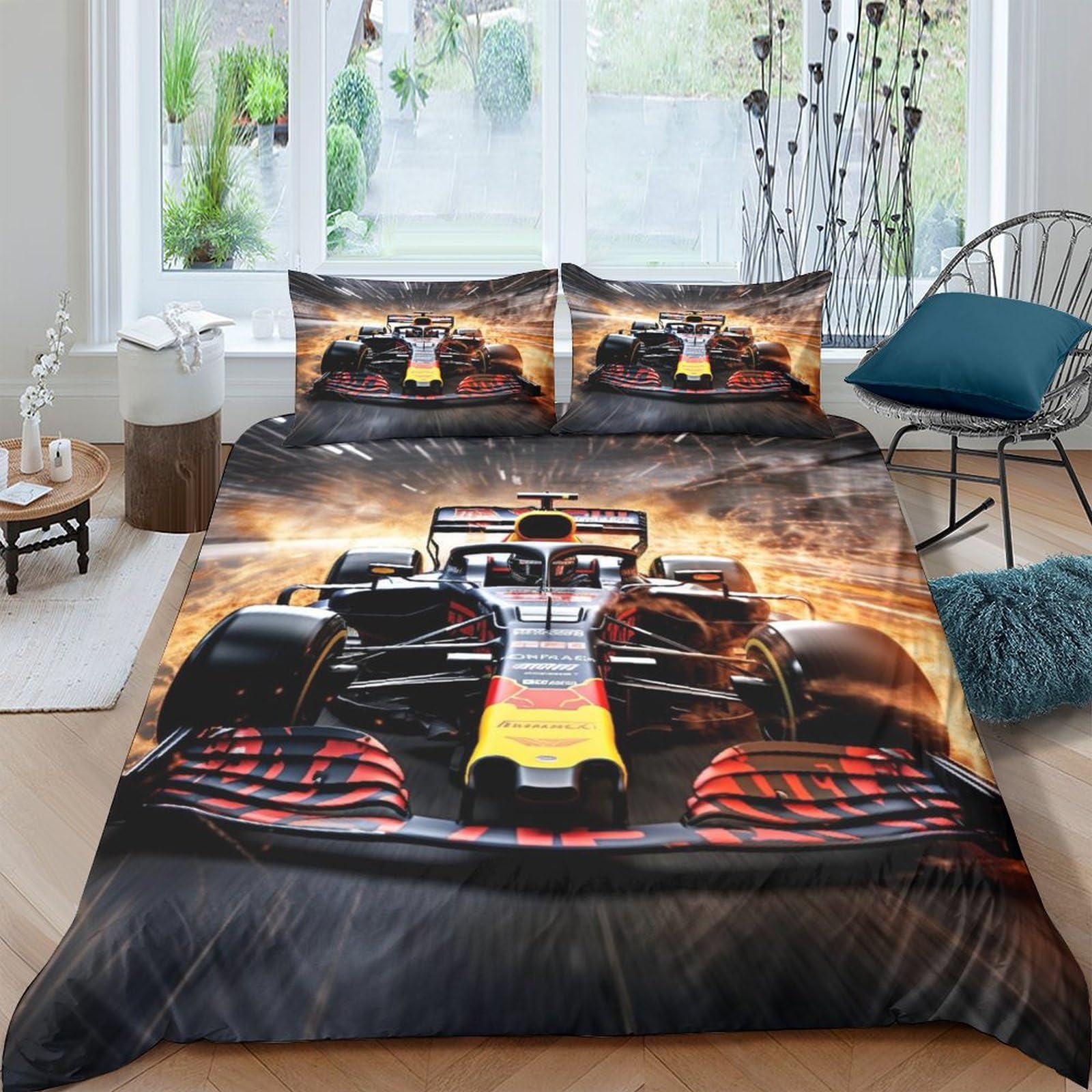 BUKISA Formula-One Racing Bedding Set Finesse Microfiber Sporting Duvet Cover Set Zipper Closure Comforter Cover Ultra Soft Quilt Cover for Girls, Boys and Teens with Pillowcases Twin（173x218cm）