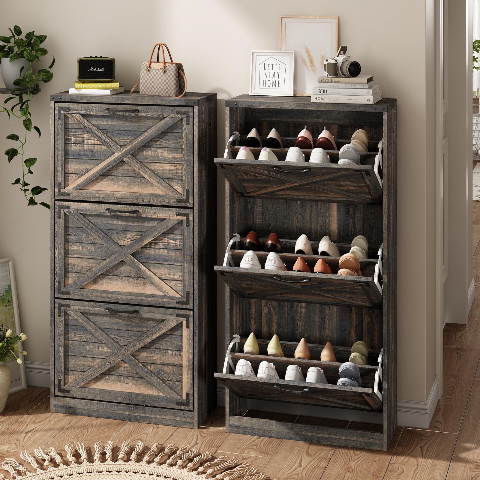 Maupvit 24" W Farmhouse Shoe Cabinet Storage for Entryway, Freestanding Organizer with 3 Flip Drawers, Narrow Shoe Rack Cabinet with Metal Corner Decoration, Dark Rustic Oak