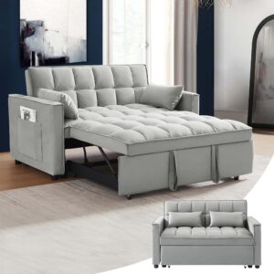 sumkea 55'' 3-in-1 sleeper loveseat 2-seater pull out couch, velvet futon adjustable backrest, reclining sofa bed with pillows, pockets, perfect for small spaces, living room furniture, grey