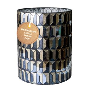 escenzy modern bathroom trash can mosaic glass 6l | decorative small garbage can | 8" x 10" | luxury waste basket for bathroom, office, bedroom & kitchen | shiny black and gold bathroom accessories