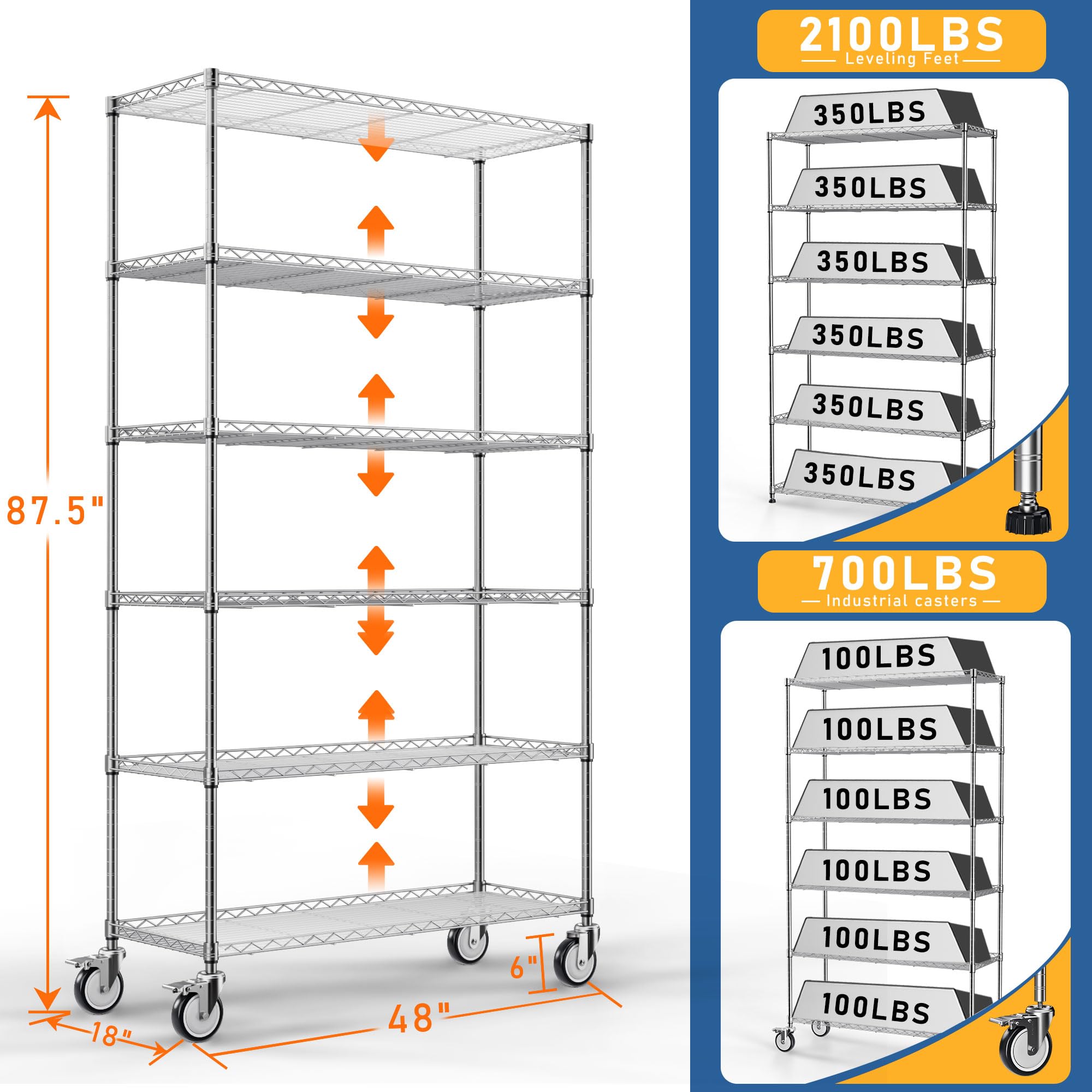 6 Tier Kitchen Shelves Organizer, 2100LBS Metal Wire Shelving Rack w/Innovative Side Mesh, Heavy Duty Adjustable Shelving Units and Storage for Home Office Garage, 87.5" H x 48" W x 18" D - Chrome