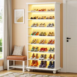 Tribesigns 9-Tier Shoe Storage Cabinet with LED Lighting, 30 Pairs Narrow Tall Freestanding Shoes Cabinet, Wood Entryway Shoe Organizer with Solid Wooden Legs for Closet (1, White)