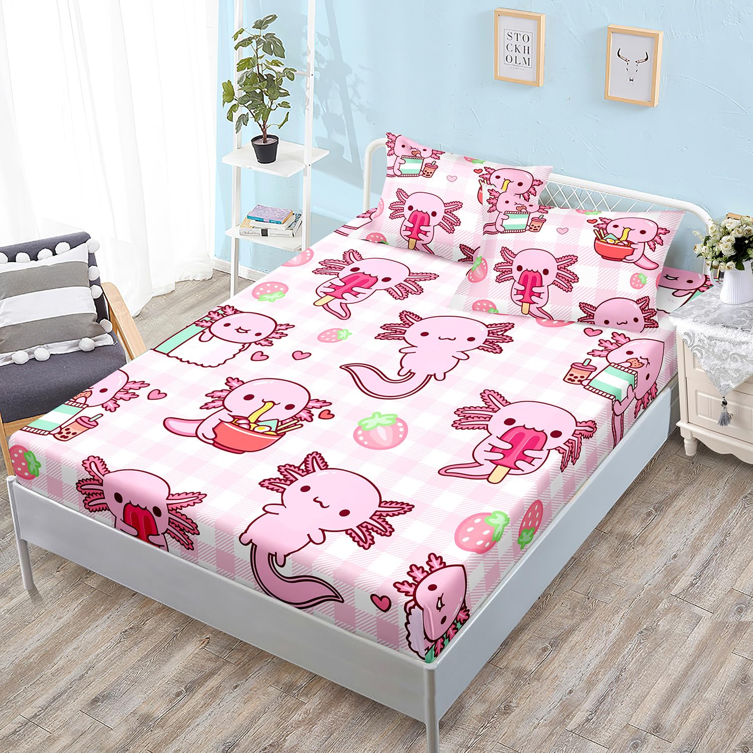 HOSIMA Axolotl Fitted Sheet Set Twin Size for Kids Girls,Pink Cartoon Axolotl Eat Dessert Printing Bedding Set Twin Size for Princess Bedroom Decor,1 Fitted Sheet+2 Pillowcases.