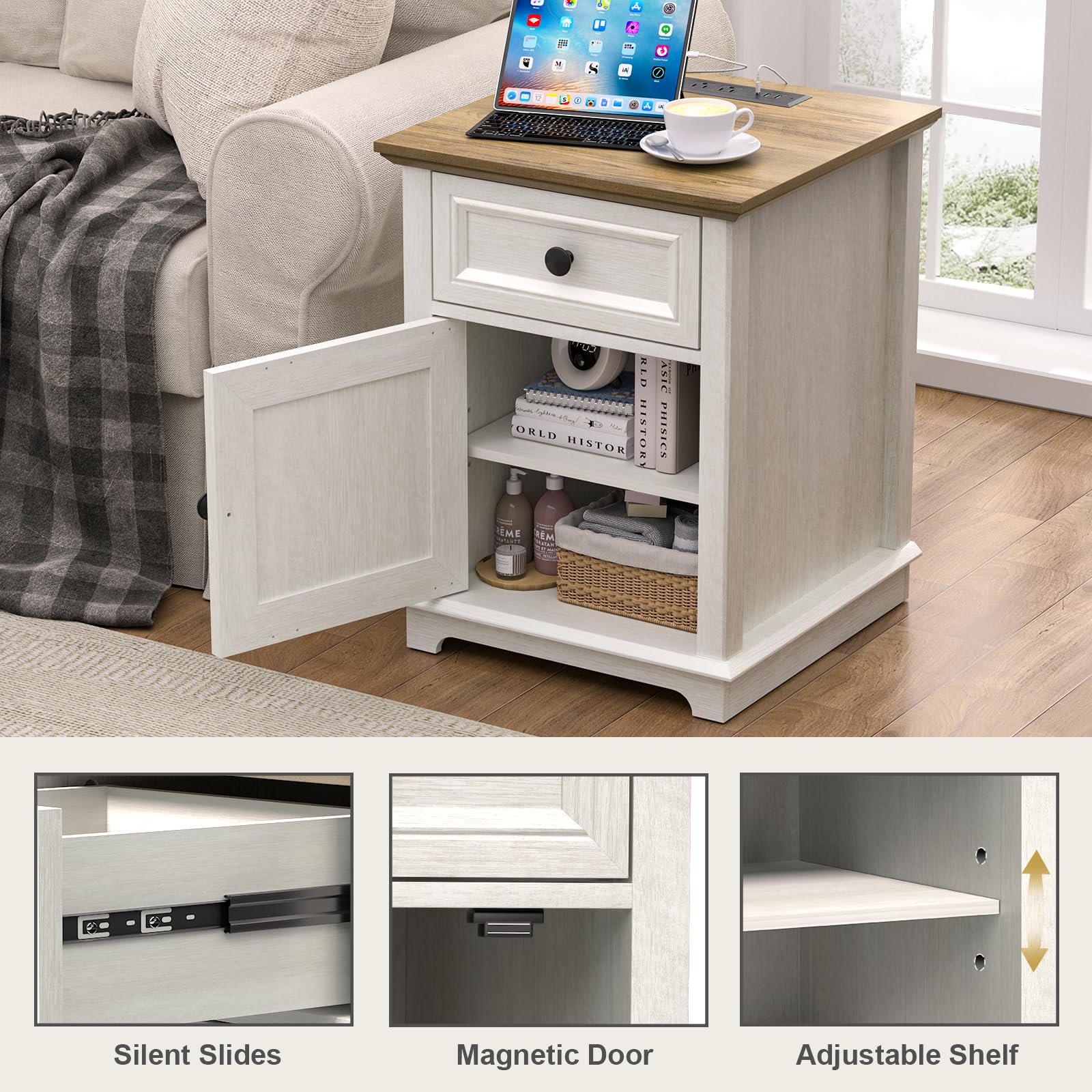 REDAYFUR End Table with Fast-Charge Set of 2, Side Table with Drawer Storage and Adjustable Shelf, Charging Nightstand Set of 2, Wooden Side Table for Living Room/Bedroom/Office, White