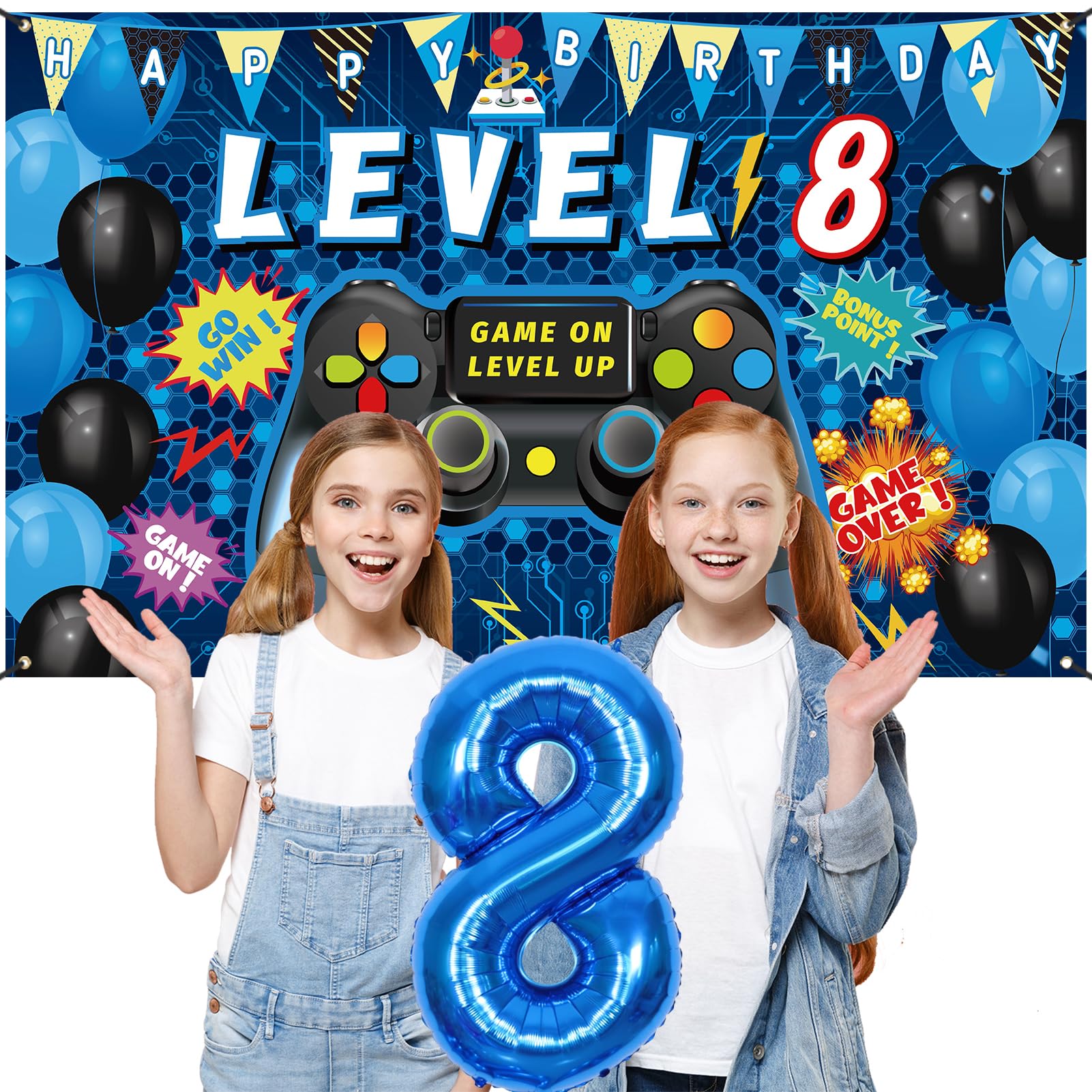 Vlipoeasn 90PCS 8th Birthday Video Game Party Decorations for Boys Set Blue 8th Birthday Supplies -8th Video Game Backdrop, Balloons, Tablecloth, Gamer and 8 Foil Balloons for 8th Birthday Party