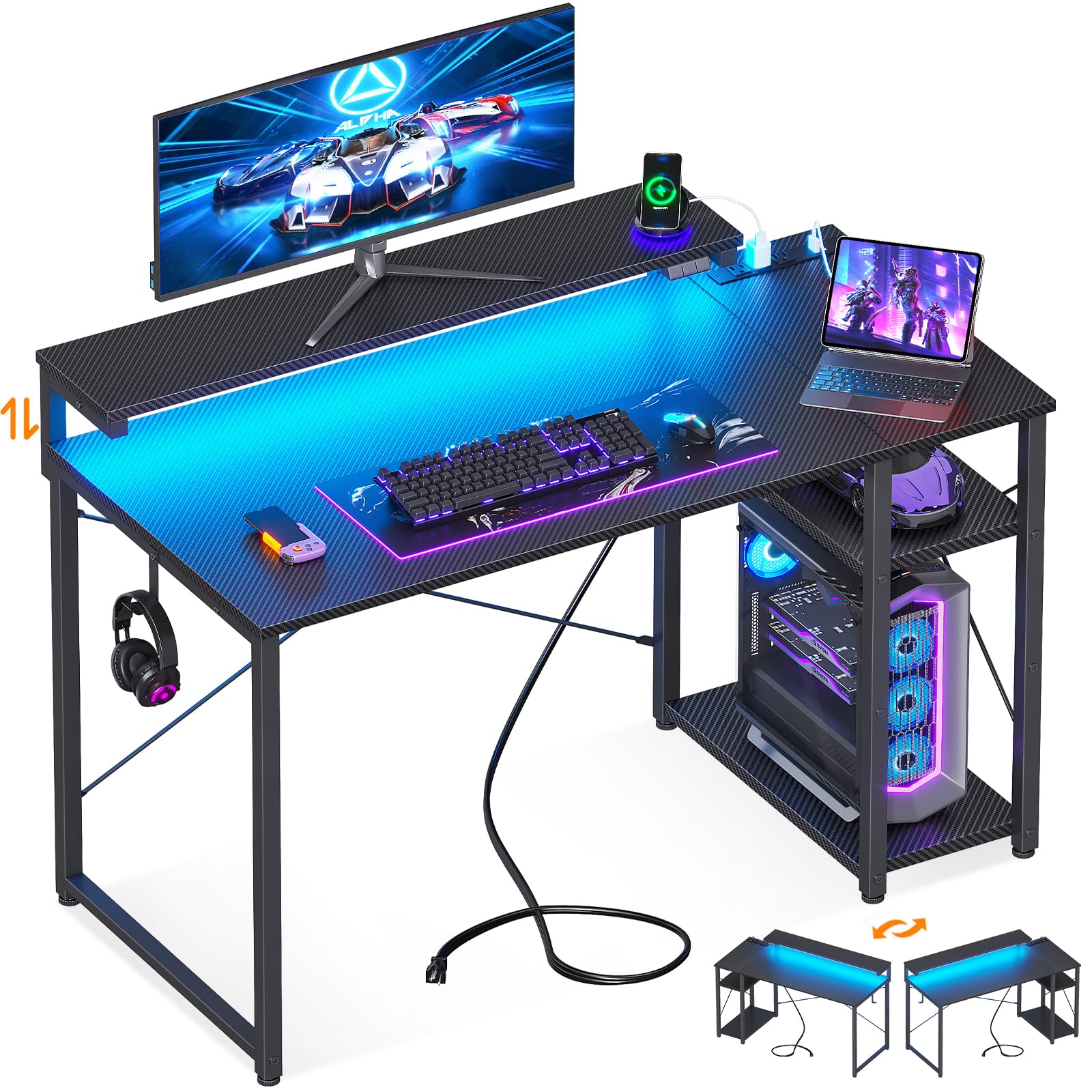 MOTPK Gaming Desk with Led Lights & Power Outlet, 40 Inch Small Gaming Computer Desk with Shelves, Reversible Gamer Desk Table with Adjustable Monitor Stand & Headphone Hook, Carbon Fiber Texture