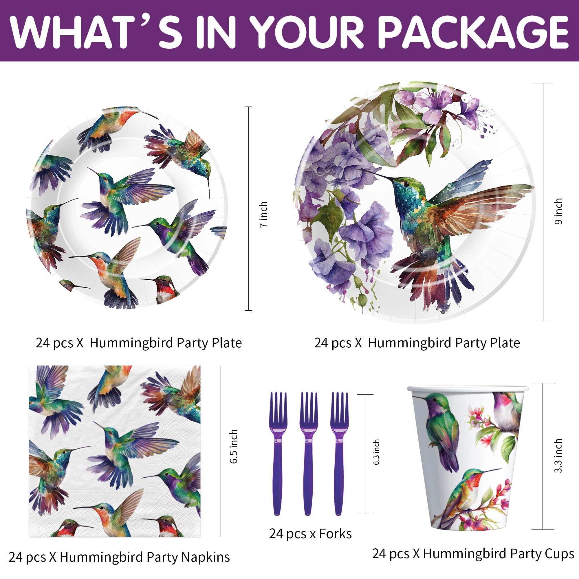 APOWBLS Hummingbird Birthday Party Supplies - Bird Hummingbird Party Decorations Dinnerware, Plate, Cup, Napkin, Fork, Floral Hummingbird Party Tableware For Bridal Baby Shower Wedding | Serve 24