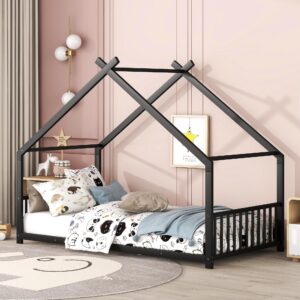 favfurish metal twin size house bed with roof and slats support,playhouse design montessori floor bed frame w/headboard & footboard,no box spring needed,for kids girls boys,black