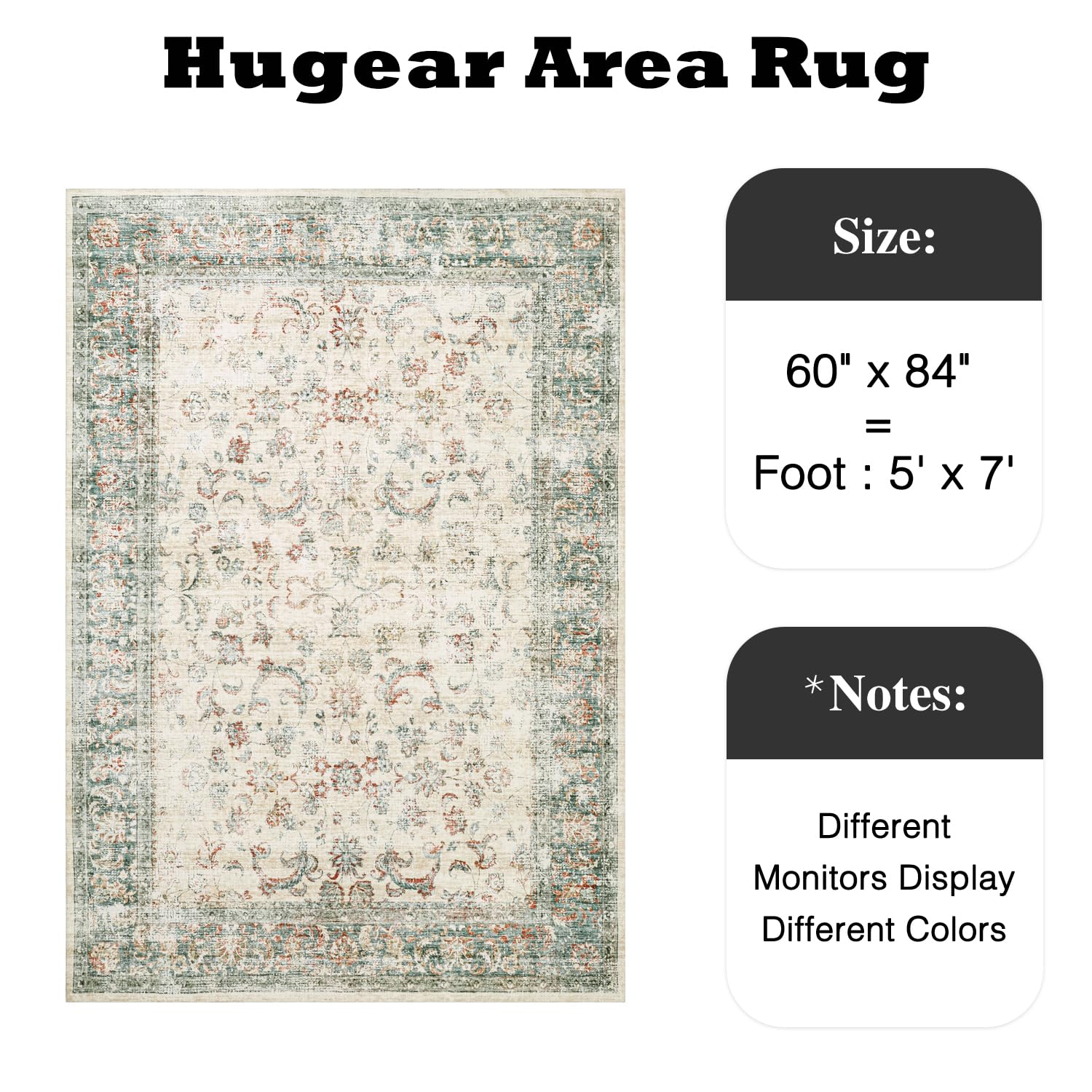 HUGEAR Bedroom Rug,5x7 Wool Throw Area Rugs,Easy Care Super Soft Kitchen Rugs Non Slip Washable, Boho Rugs for Bathroom Office Living Room Dining Room