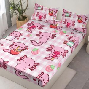 HOSIMA Axolotl Fitted Sheet Set Twin Size for Kids Girls,Pink Cartoon Axolotl Eat Dessert Printing Bedding Set Twin Size for Princess Bedroom Decor,1 Fitted Sheet+2 Pillowcases.