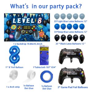 Vlipoeasn 90PCS 8th Birthday Video Game Party Decorations for Boys Set Blue 8th Birthday Supplies -8th Video Game Backdrop, Balloons, Tablecloth, Gamer and 8 Foil Balloons for 8th Birthday Party