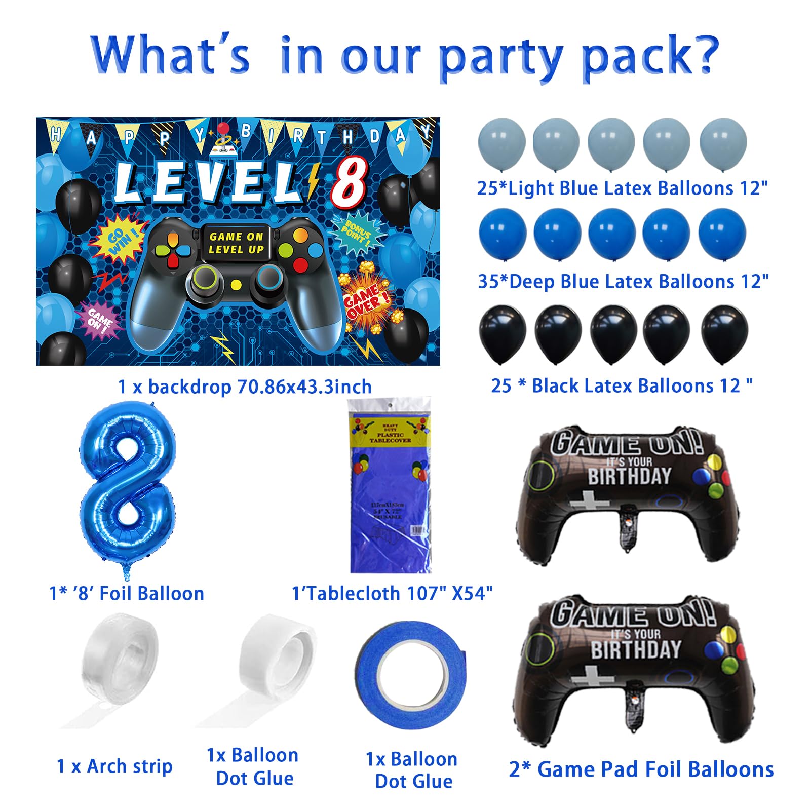 Vlipoeasn 90PCS 8th Birthday Video Game Party Decorations for Boys Set Blue 8th Birthday Supplies -8th Video Game Backdrop, Balloons, Tablecloth, Gamer and 8 Foil Balloons for 8th Birthday Party