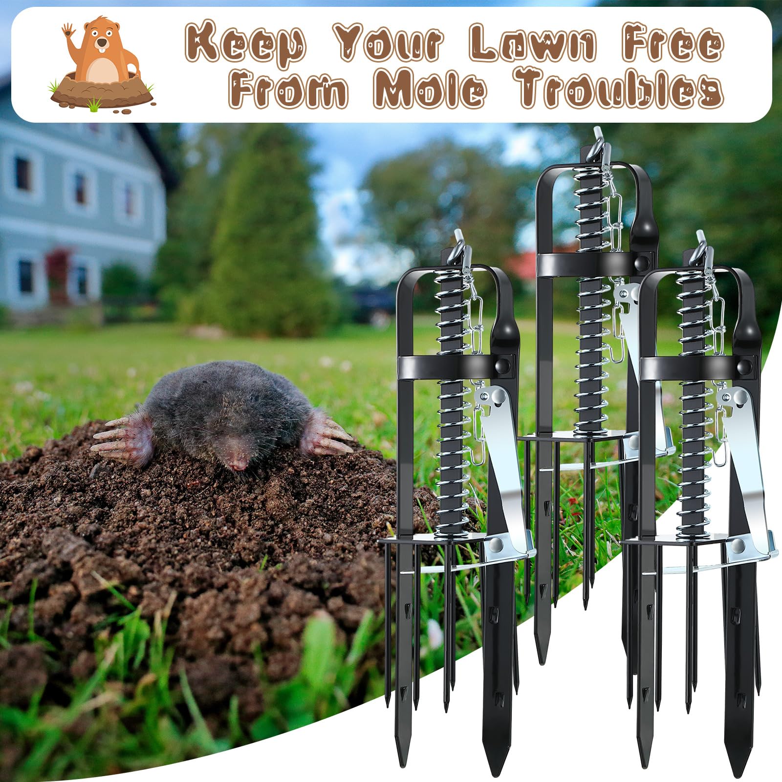 Qualirey 3 Pc Mole Trap for Lawns, Spear Style Mole Killer for Garden Yard Outdoor, Alloy Steel Mechanical Gopher Vole Traps, Quick and Clean