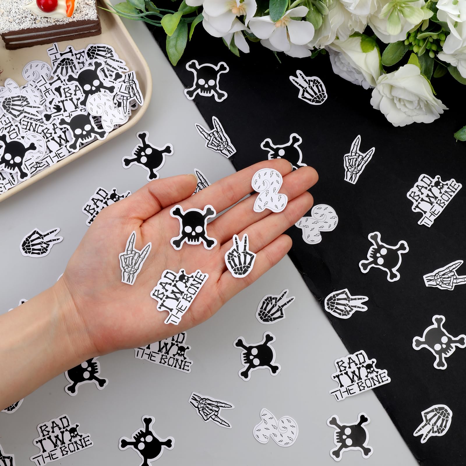 kreat4joy 200pcs Bad Two The Bone Party Decorations Confetti, Skeleton Theme 2nd Birthday Decorations, Double-Side Printing Confetti for Music Rock and Roll 2nd Birthday Party