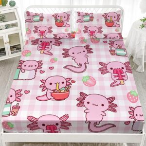 HOSIMA Axolotl Fitted Sheet Set Twin Size for Kids Girls,Pink Cartoon Axolotl Eat Dessert Printing Bedding Set Twin Size for Princess Bedroom Decor,1 Fitted Sheet+2 Pillowcases.